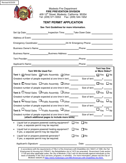 First page of the Tent Permit Application