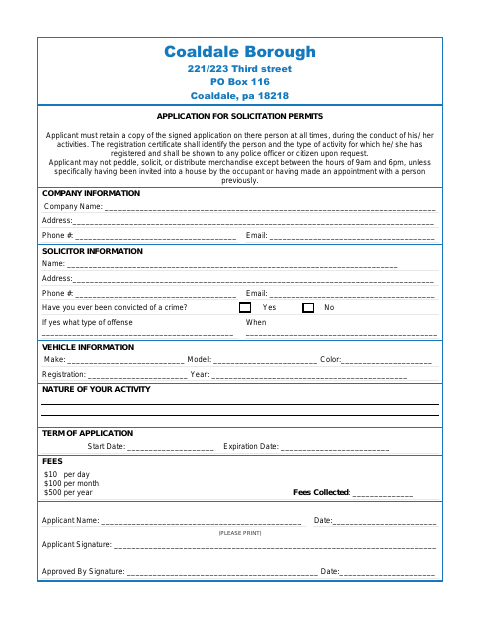 First page of the Application for Solicitation Permits
