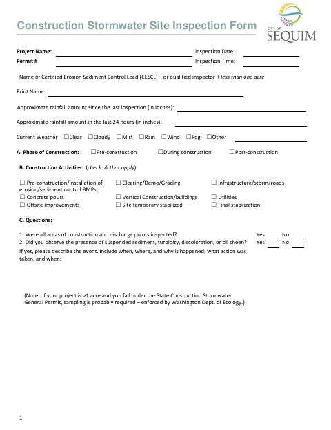 First page of the Construction Stormwater Site Inspection Form