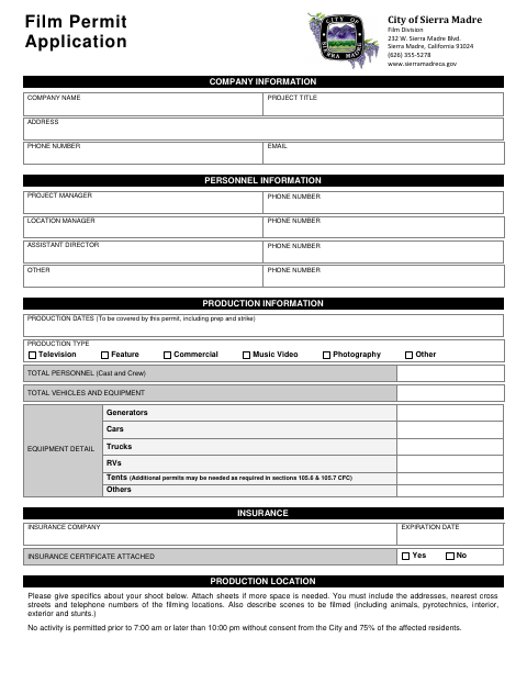 First page of the Film Permit Application