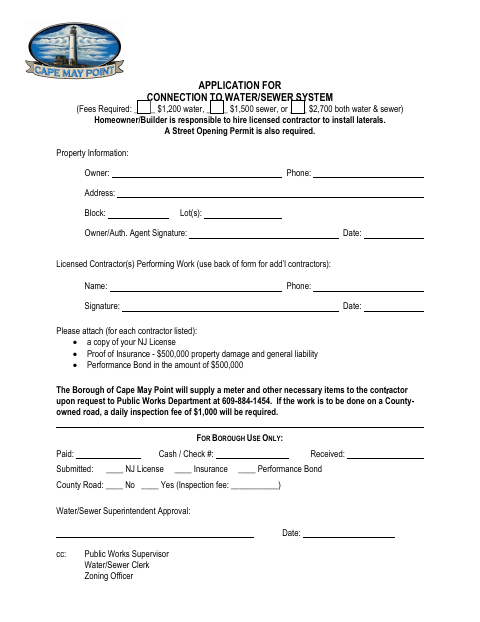 First page of the Application for Connection to Water/Sewer System
