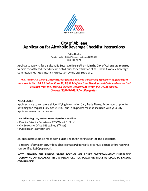 First page of the Alcoholic Beverage Permit Application Checklist
