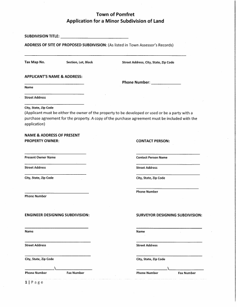 First page of the Minor Subdivision Application