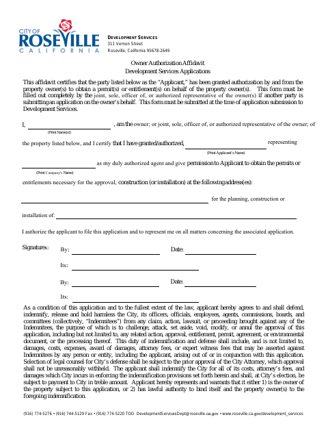 First page of the Owner Authorization Affidavit