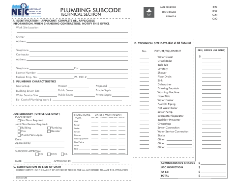 First page of the NEIC Plumbing Subcode Application