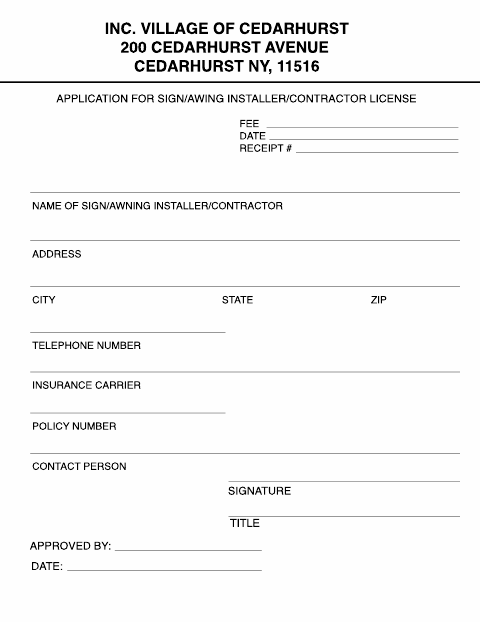 First page of the Sign/Awning Installer/Contractor License Application