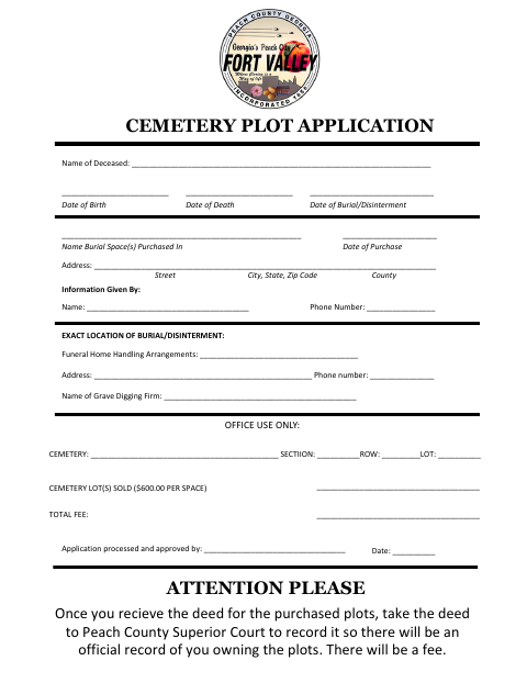 First page of the Cemetery Plot Application