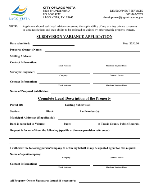First page of the Subdivision Variance Application