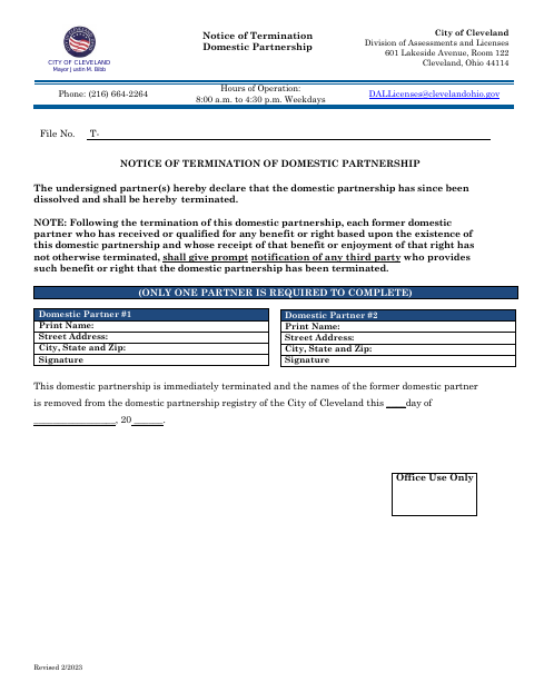 First page of the Notice of Termination of Domestic Partnership