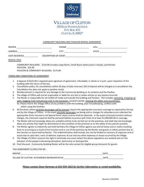First page of the Community Building and Pavilion Rental Agreement