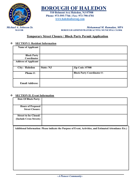 First page of the Temporary Street Closure / Block Party Permit Application