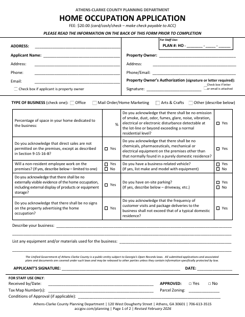 First page of the Home Occupation Application