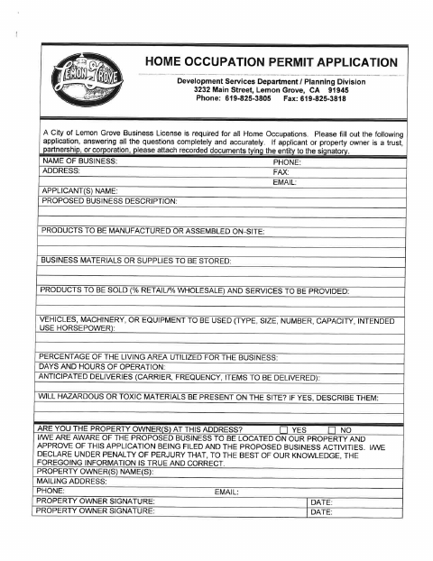 First page of the Home Occupation Permit Application