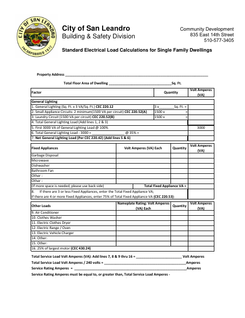 First page of the Standard Electrical Load Calculations for Single Family Dwellings