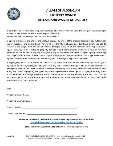 First page of the Property Owner Release and Waiver of Liability