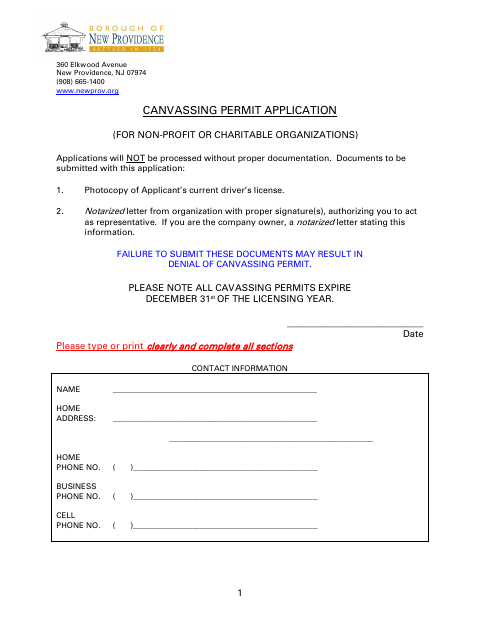 First page of the Canvassing Permit Application