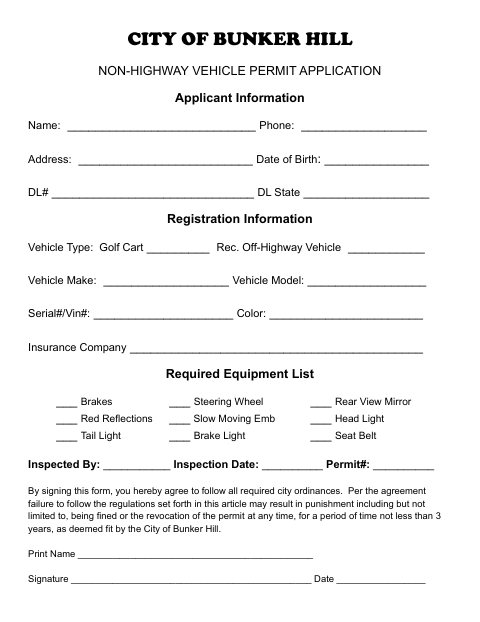 First page of the Non-Highway Vehicle Permit Application