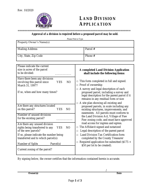 First page of the Land Division Application and Lot Split Affidavit