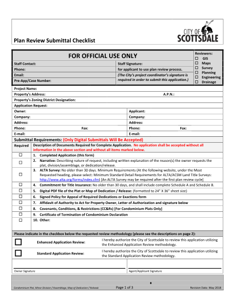 First page of the Condominium Plat, Minor Division/Assemblage, Map of Dedication/Release Plan Review Submittal Checklist