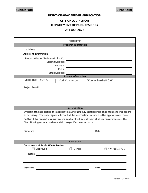 First page of the Right-of-Way Permit Application
