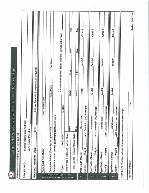 First page of the Secondhand Building Fixtures Transaction Form