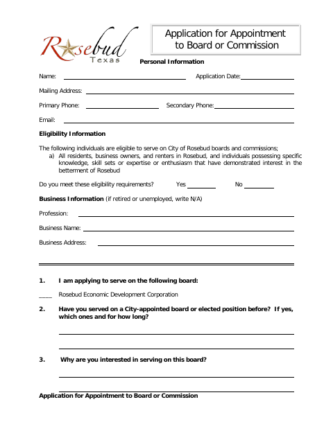 First page of the Application for Appointment to Board or Commission