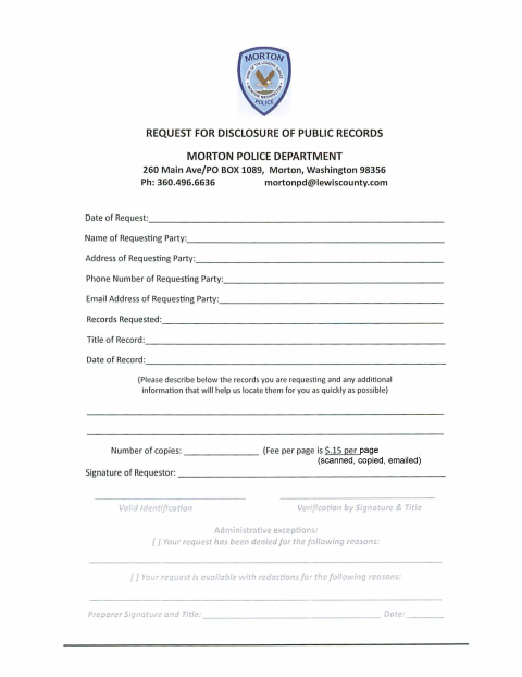 First page of the Request for Disclosure of Public Records