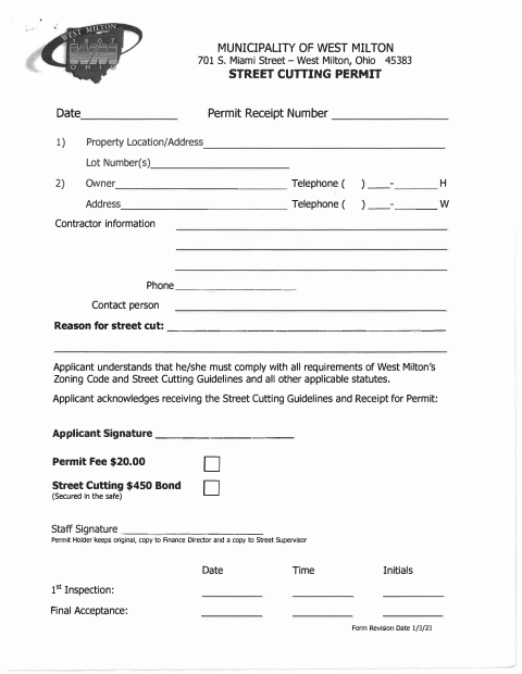 First page of the Street Cutting Permit