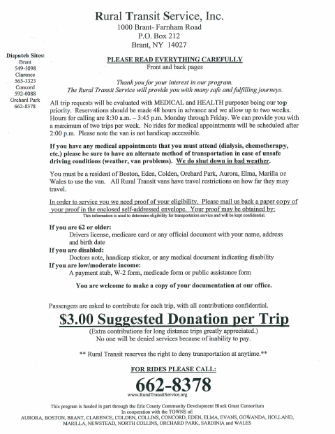 First page of the Rural Transit Service Client/Rider Application