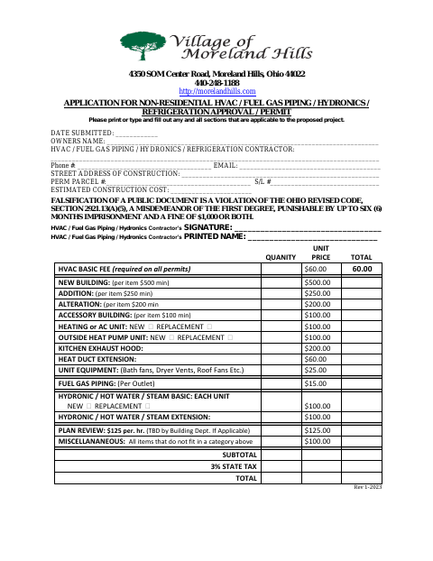 First page of the Application for Non-Residential HVAC / Fuel Gas Piping / Hydronics / Refrigeration Approval / Permit