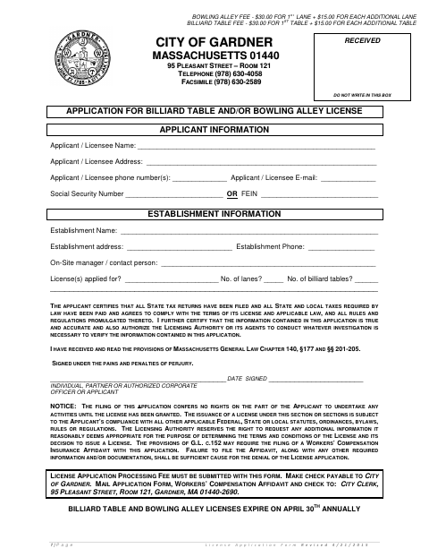 First page of the Billiard Table and/or Bowling Alley License Application