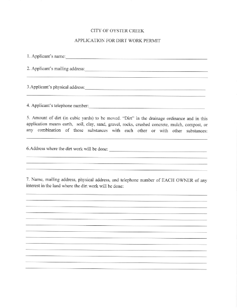 First page of the Application for Dirt Work Permit