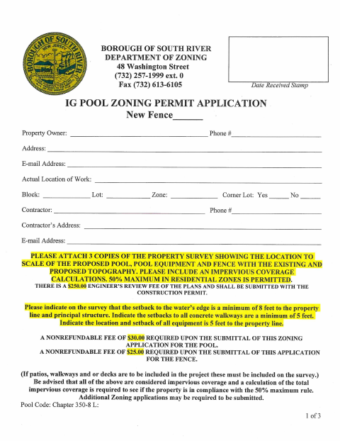 First page of the Inground Pool Zoning Permit Application