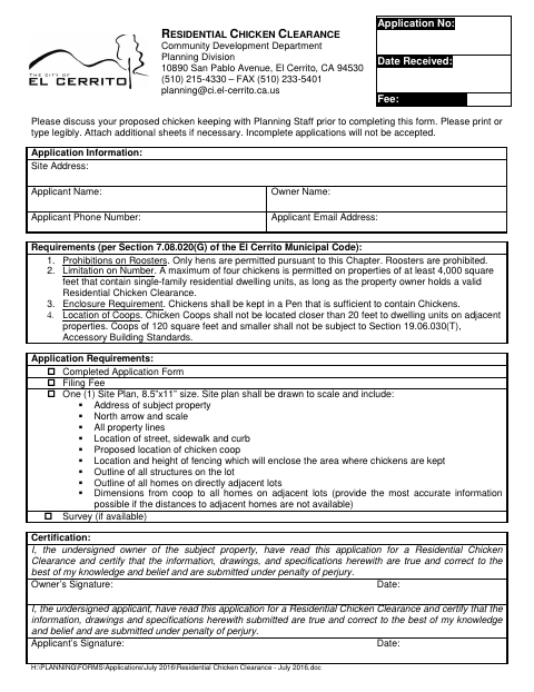 First page of the Residential Chicken Clearance