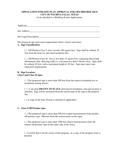First page of the Application for Site Plan Approval for Off-Premise Sign
