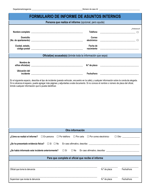 First page of the Internal Affairs Report Form