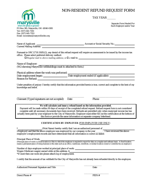 First page of the Non-Resident Income Tax Refund Request Form