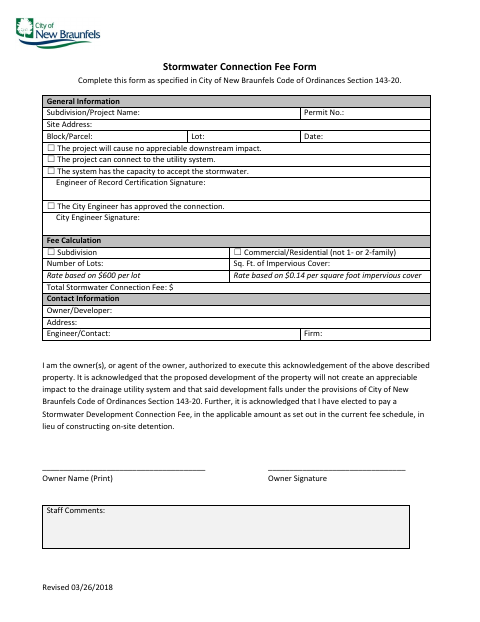 First page of the Stormwater Connection Fee Form