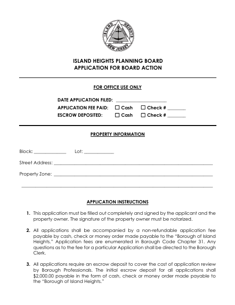 First page of the Planning Board Application for Board Action
