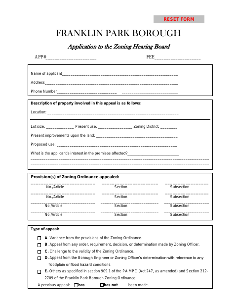 First page of the Zoning Hearing Board Application