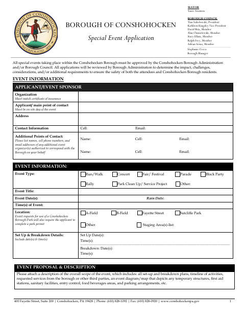 First page of the Special Event Application