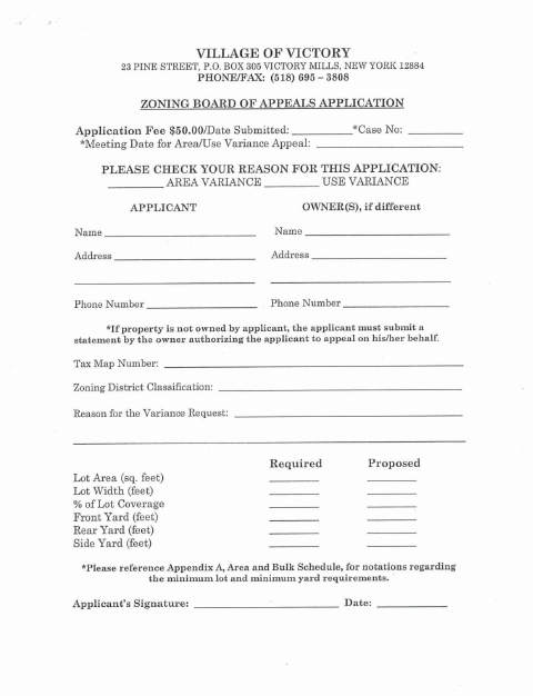First page of the Zoning Board of Appeals Variance Application