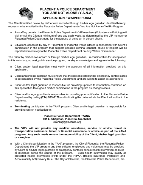 First page of the You Are Not Alone (Y.A.N.A.) Application / Waiver Form