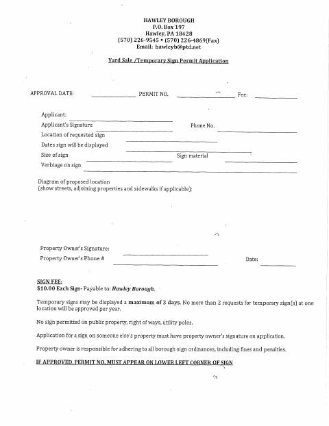 First page of the Yard Sale and Temporary Sign Permit Application