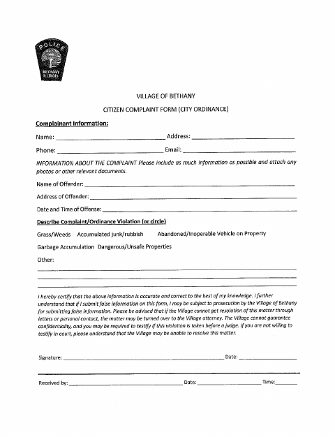 First page of the Citizen Complaint Form