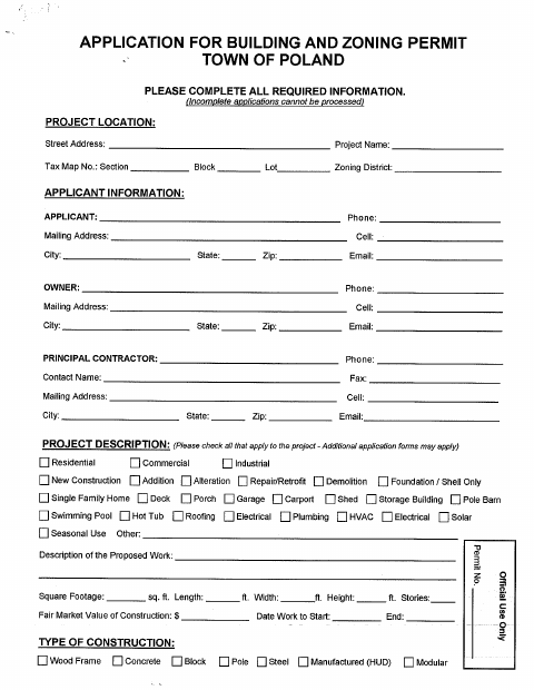 First page of the Building and Zoning Permit Application