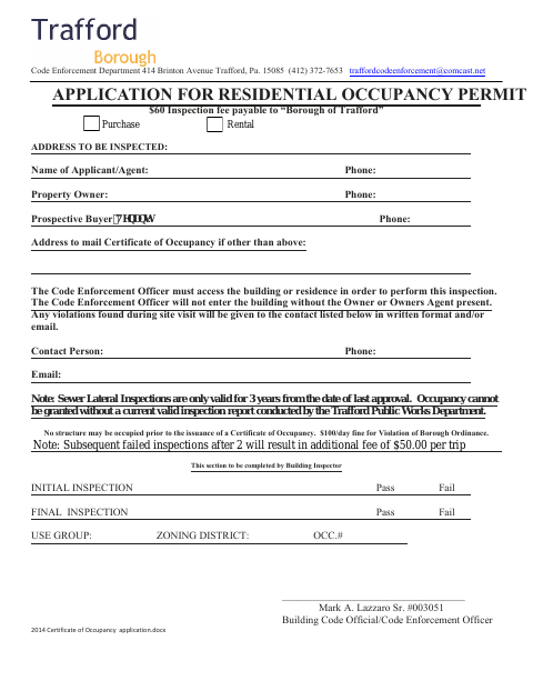 First page of the Application for Residential Occupancy Permit