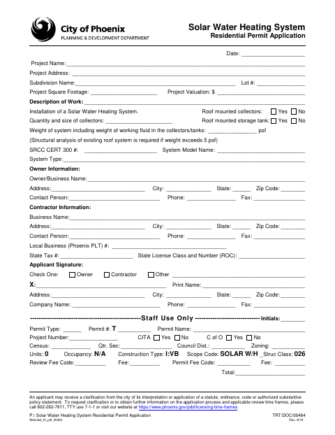First page of the Solar Water Heating System Residential Permit Application