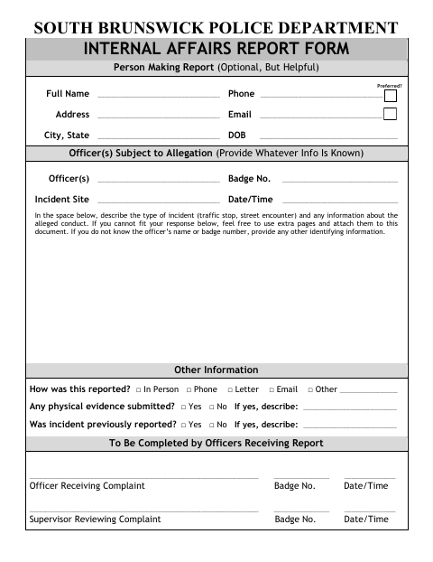 First page of the Internal Affairs Report Form