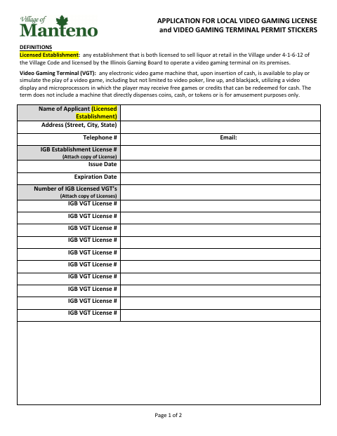 First page of the Application for Local Video Gaming License and Video Gaming Terminal Permit Stickers